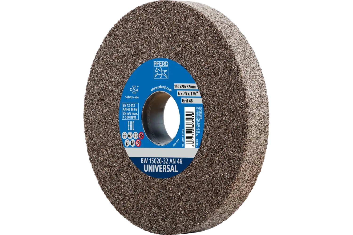 Picture of Pferd Vitrified Bench Wheel, Universal, 6" X 3/4 X 1-1/4, 46 Grit, Aluminum Oxide